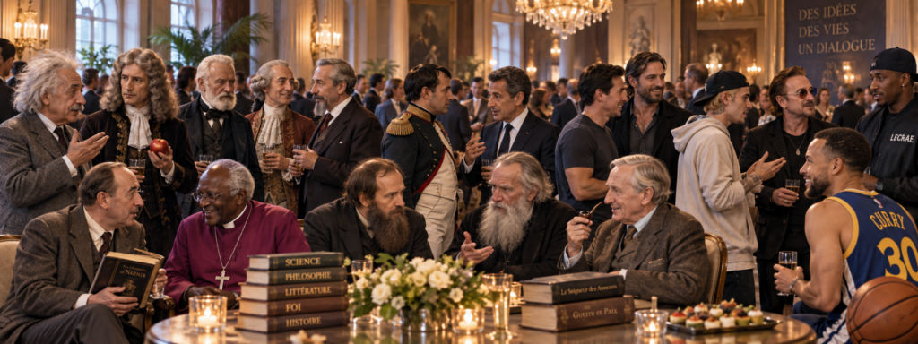 Rencontre imaginaire entre de grandes figures de la science, de la littérature, de l’histoire, de la foi, de la culture et du sport, réunies dans un salon autour de la question de Dieu.
