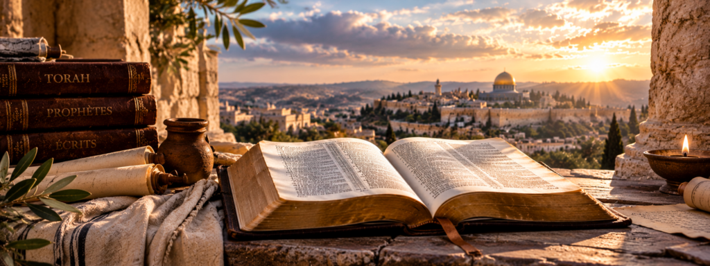Bible ouverte, rouleaux anciens et Écritures devant Jérusalem, illustrant l’histoire et la transmission de la Bible