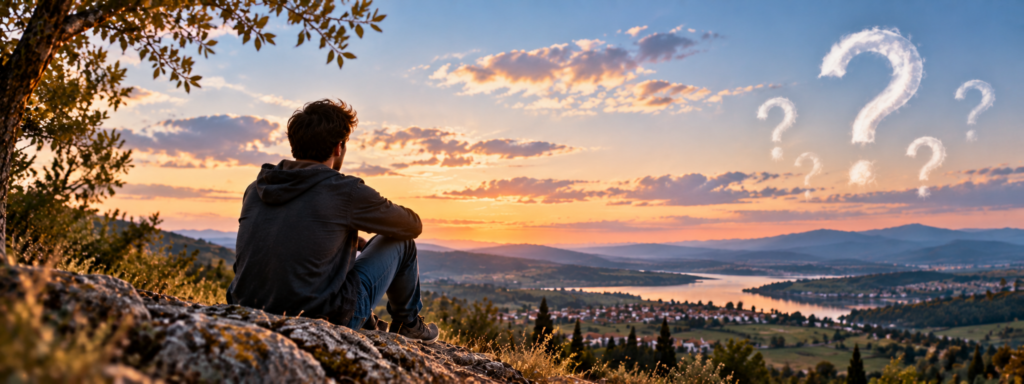 Un homme contemple l’horizon tandis que des points d’interrogation symbolisent ses questions sur Dieu et la vie