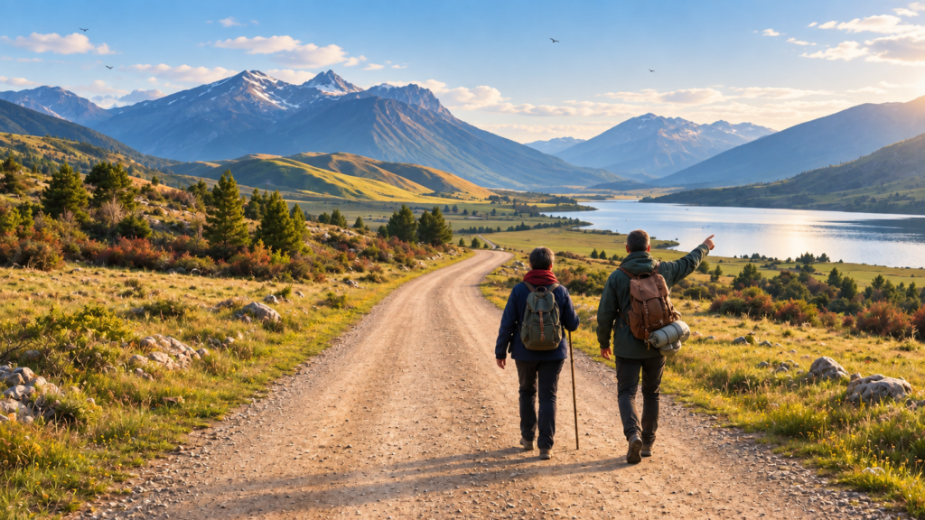Deux marcheurs avancent ensemble sur un chemin de montagne, au cœur d’un vaste paysage entre lac et sommets.