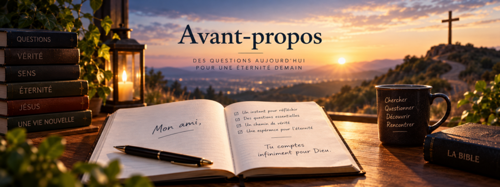 Un carnet ouvert sur les mots « Mon ami » et « Tu comptes infiniment pour Dieu », entouré d’une Bible et de livres évoquant les grandes questions de l’existence.