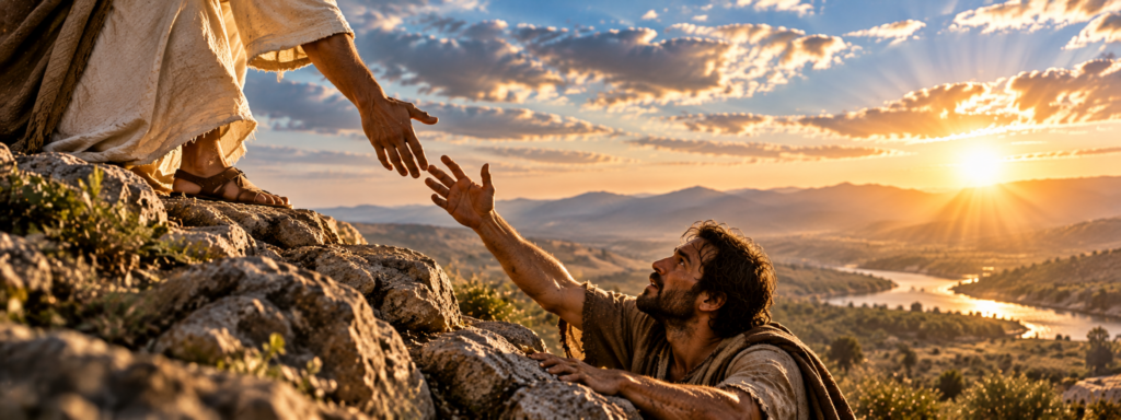 Main tendue vers un homme en difficulté, illustrant le salut et la grâce offerte par Jésus-Christ