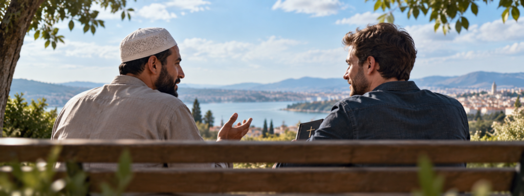 Un musulman et un chrétien échangent paisiblement sur un banc, dans un dialogue autour de leur foi