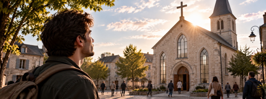 Un homme observe une église surmontée d’une croix tandis que des passants traversent la place et entrent dans l’édifice.