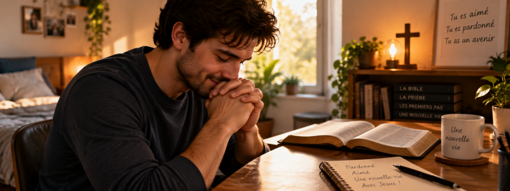 Un jeune homme prie devant une Bible ouverte dans une chambre chaleureuse, illustrant ses premiers pas dans une nouvelle vie avec Jésus.