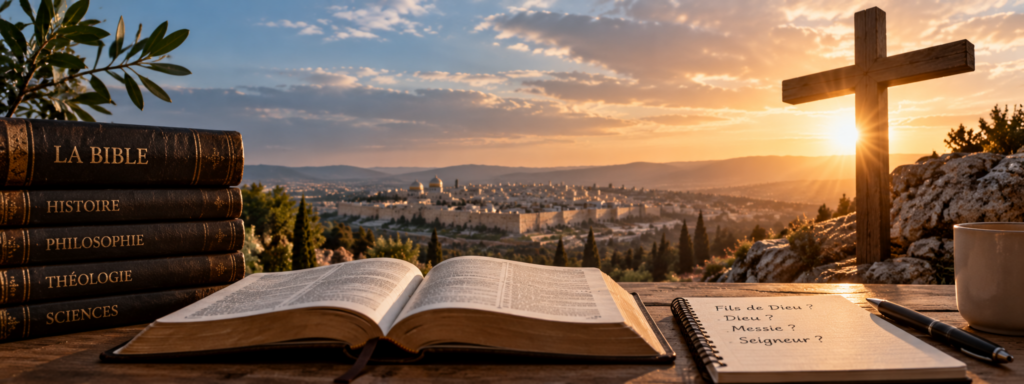 Bible ouverte, ouvrages d’étude et croix illustrant la question de la divinité de Jésus-Christ