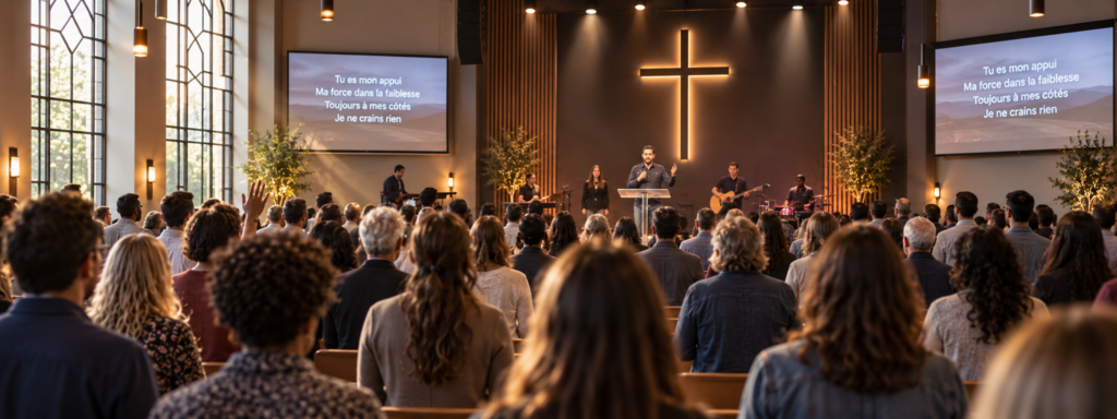 Assemblée chrétienne réunie pour un culte, vue depuis le fond de l’église face au prédicateur