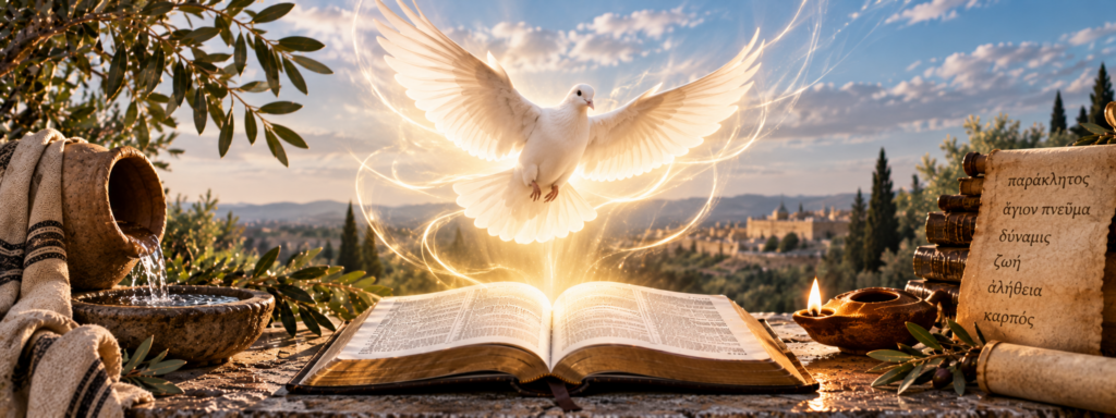 Colombe lumineuse au-dessus d’une Bible ouverte, symbolisant le Saint-Esprit et son œuvre