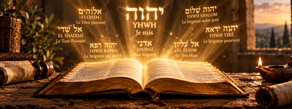 Bible ouverte d’où émergent dans une lumière dorée plusieurs noms de Dieu en hébreu et leur signification