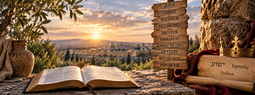 Bible ouverte et panneaux présentant plusieurs noms et titres de Jésus-Christ