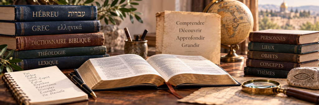 Bible ouverte entourée de dictionnaires bibliques, ouvrages d’hébreu et de grec, notes et loupe, illustrant un lexique des mots et notions de la foi chrétienne.