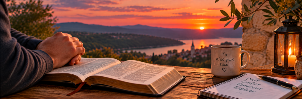 Mains jointes dans la prière au-dessus d’une Bible ouverte, face à un paysage paisible au coucher du soleil, évoquant la prière, l’espérance et la présence de Dieu.