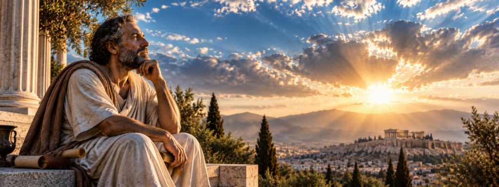 Philosophe grec antique contemplant le ciel au-dessus d’Athènes, illustrant la réflexion sur la philosophie et la foi