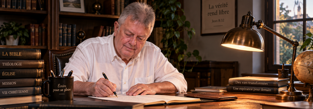 Le pasteur William Joutet rédige une préface à son bureau, dans un cabinet de travail chaleureux entouré de livres et d’une Bible.