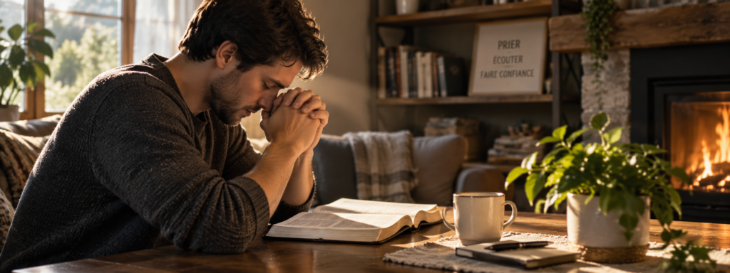 Homme priant les mains jointes devant une Bible ouverte dans une pièce chaleureuse