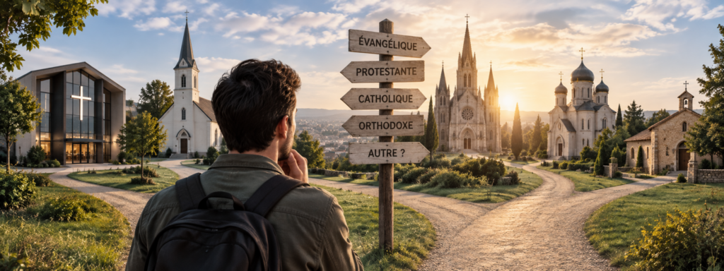 Chrétien face à plusieurs chemins menant à différentes Églises, illustrant le choix d’une communauté chrétienne