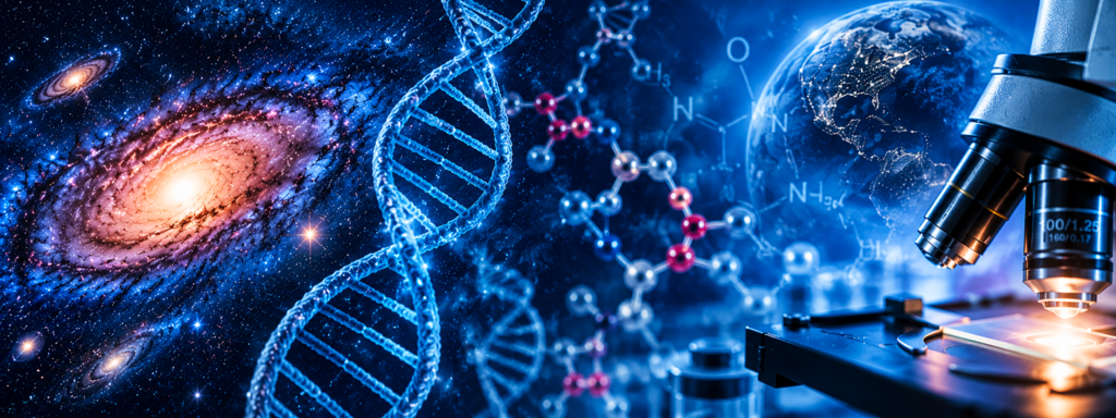 Galaxie, ADN, molécules et microscope illustrant le dialogue entre science et foi