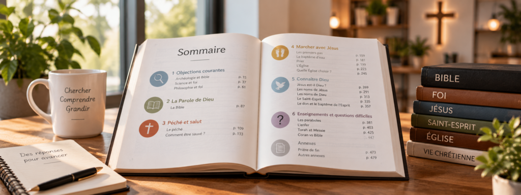 Un livre ouvert sur son sommaire, entouré d’une Bible et d’ouvrages consacrés à Jésus, au Saint-Esprit, à l’Église et à la vie chrétienne.