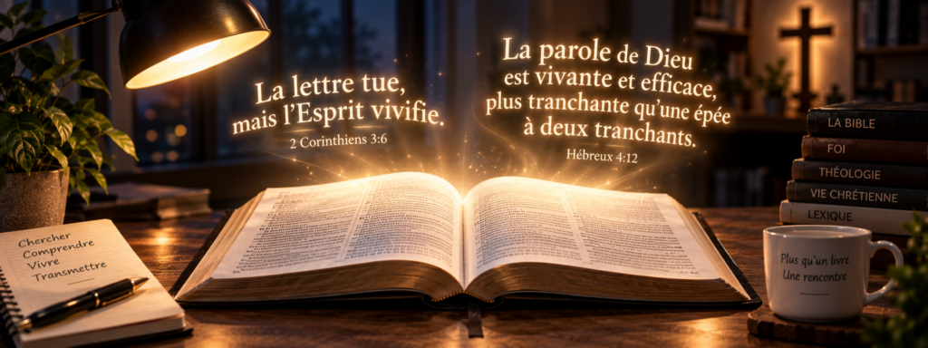 Une Bible ouverte éclairée dans la nuit, d’où émergent les paroles « La lettre tue, mais l’Esprit vivifie » et « La parole de Dieu est vivante et efficace ».